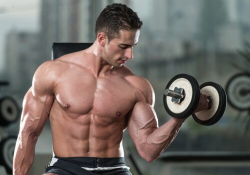 Young Man Working Out Biceps - Dumbbell Concentration Curls